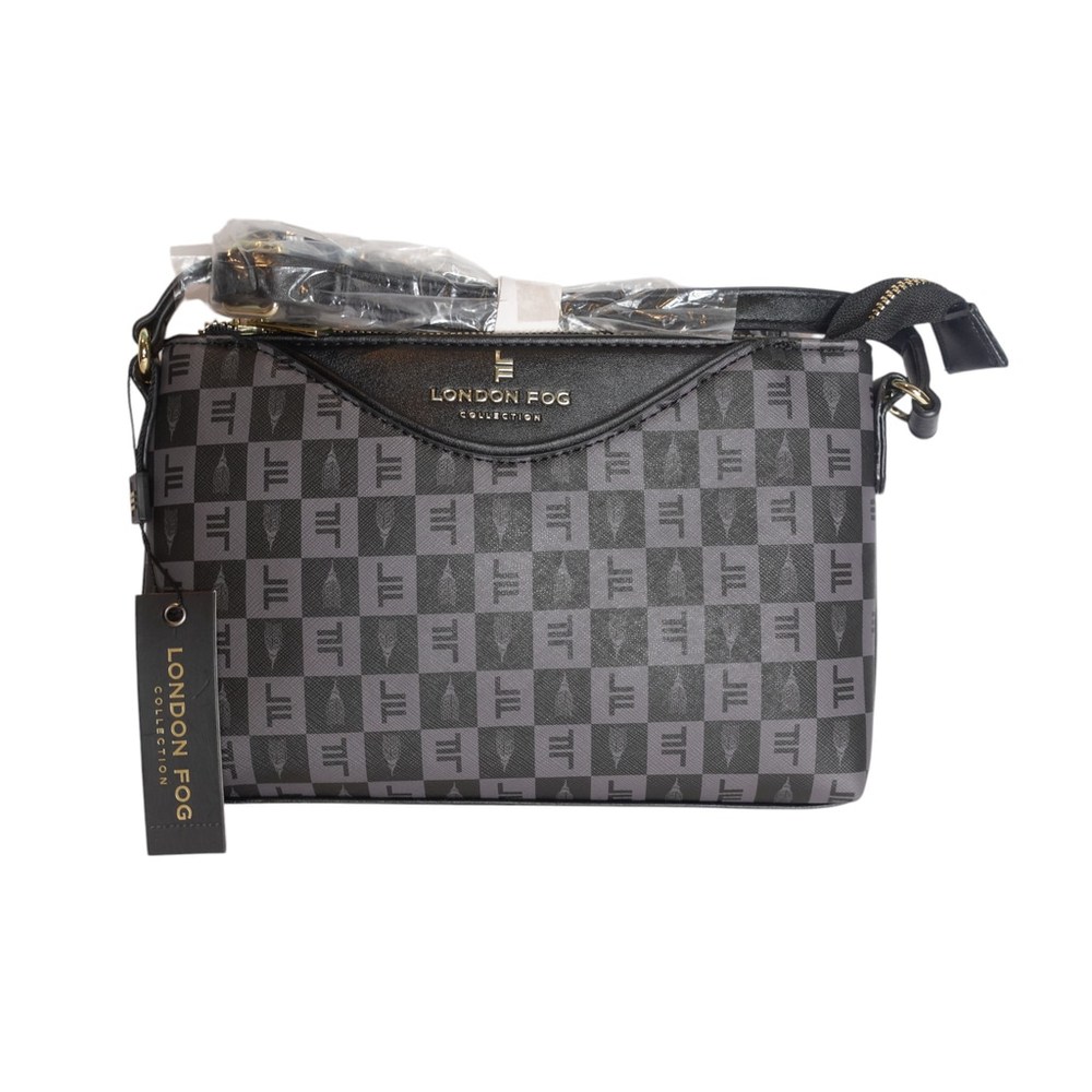 London Fog Addison Tower Signature Print Black Crossbody Bag NWT